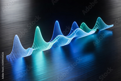 Abstract visualization of a flowing sound wave or data stream with glowing neon blue and green peaks representing digital information or audio frequencies on a dark textured
