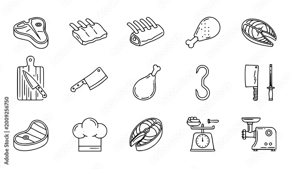 Fototapeta premium Butcher icons vector line style meat cuts tools food illustration