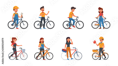 Photography Bicycle Riders' Activities: Various people on bicycles engaging in diverse actions, highlighting the versatility of cycling for leisure, work and transportation