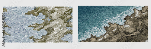 Vintage Engraving Style Coastal Map with Swirling Sea Waves and Textured Terrain