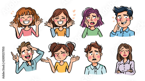 Emotions of the day: A vibrant collection of expressive illustrations showcasing a spectrum of human emotion, from joy and surprise to sadness and confusion.