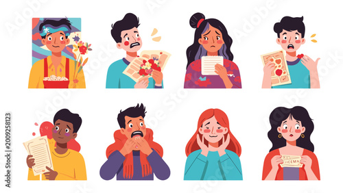 Fotografie Stressful Situations: A series of illustrations portraying a diverse group of individuals in various states of distress, showcasing a range of emotional reactions to challenging circumstances