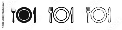 Foto Dining Icons Set with Fork Plate and Knife in Various Styles