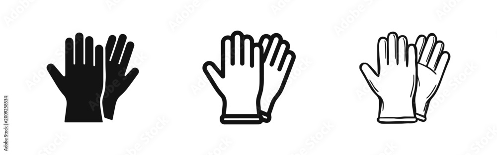 Fototapeta premium Protective gloves icon set for safety and work, solid outline and sketch styles