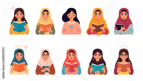 Billede på lærred A Mosaic of Minds: A vibrant collection of ten girls is engrossed in their books
