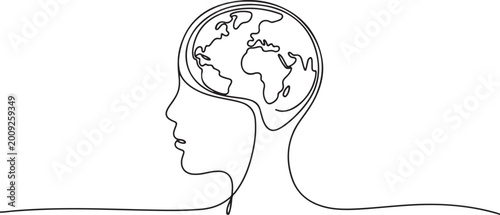 Peace brain concept. Continuous one line drawing of human head with globe inside. Think world. one line Icon drawing