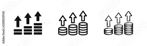 Financial growth coin stacks and upward arrow icon set