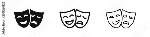 Foto Theater comedy and tragedy masks icon set representing drama and entertainment in three styles