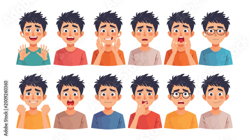Bild auf Leinwand Expressive Facades: An illustrated collection of a person displaying a range of emotions, from jubilation to despondency, each visage meticulously crafted to convey distinct feelings