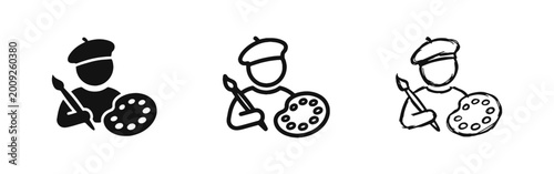Creative artist icons with beret palette and paintbrush in three styles for art design.