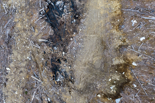 Aerial View of Burnt Clearcut and Logging Road After Wildfire in British Columbia Canada