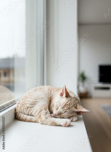Domestic cat sleeping peacefully on windowsill in modern interior  