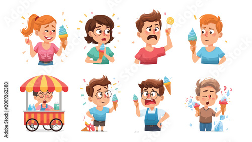 Quadro su tela A Day of Disasters: A series of illustrations depicts individuals and an ice cream vendor experiencing a range of comical mishaps with their ice cream cones
