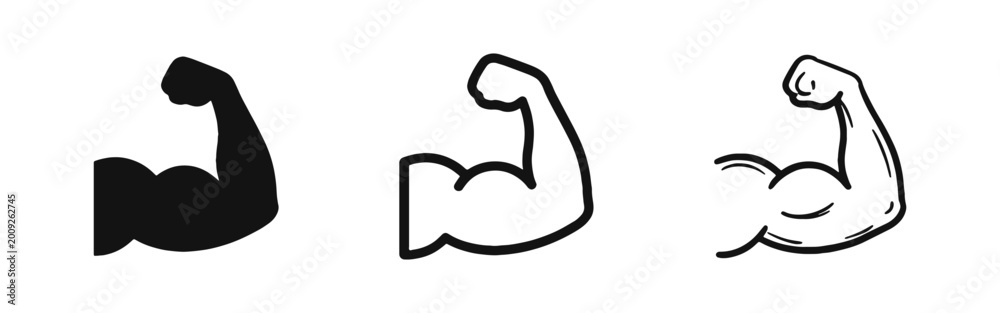 Naklejka premium Strong Bicep Muscle Icons Set - Glyph, Outline, and Doodle Styles