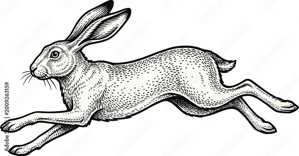 Obraz premium Vintage Style Engraving Illustration of a Wild Hare Running and Jumping in a Fast Motion Dynamic Pose
