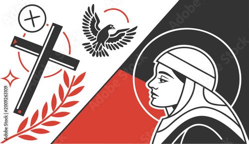 Tableau sur toile Religious with monastic profile, christian cross, and dove