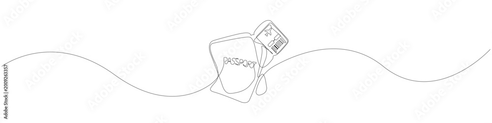 Obraz premium Continuous line art of a passport and airplane boarding pass, one line drawing of travel documents with a minimalist unbroken linear form for international tourism and vacation concepts.