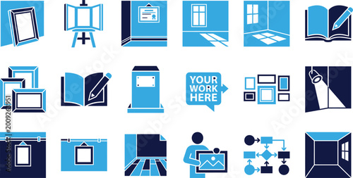 Canvas Print Art gallery and museum icons, frames, and creative workspace elements in blue