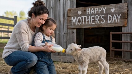 Mother and Little Daughter Feeding a Baby Lamb with Milk Bottle on the Farm for Mother's Day Celebration
