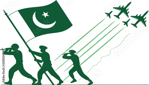 Bild auf Leinwand Pakistani soldiers raising national flag with jet fighter flypast silhouette