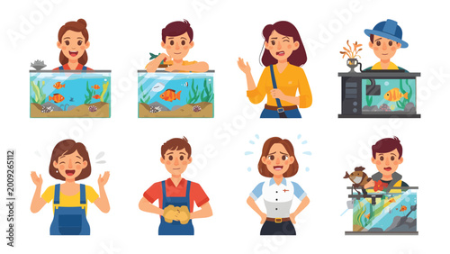Konstfotografi Aquarium and Expression: A collection of various expressions as they engage with aquariums filled with colorful fish, depicting a range of emotions and interactions