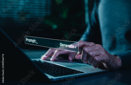 AI generative prompt engineering concept. hand pressing generate button on virtual interface to represent artificial intelligence smart technology, innovation, automation tool, content creation,