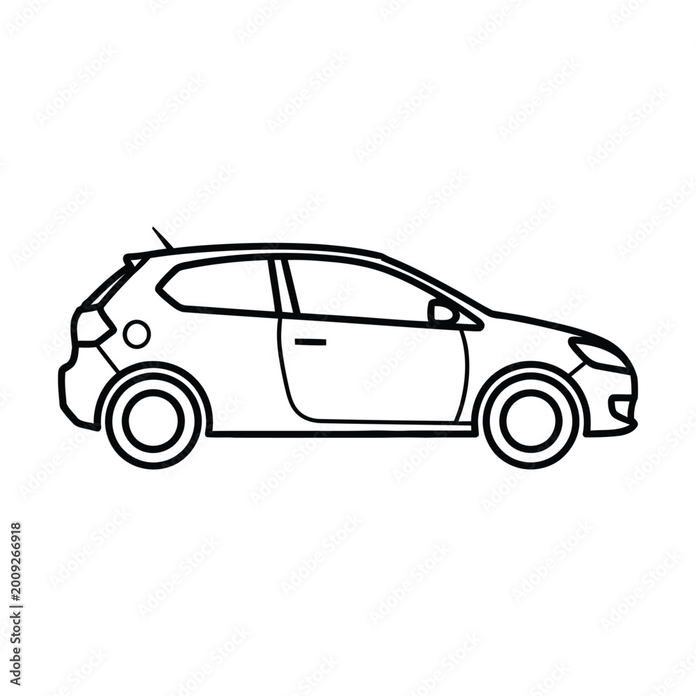 Naklejka premium Simple black outline vector illustration of a modern hatchback car isolated on a clean white background