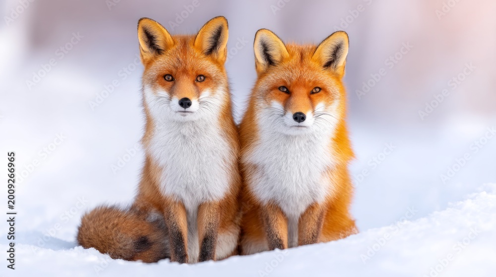 Obraz premium Two Red Foxes Sitting Together on a Snow-Covered Landscape