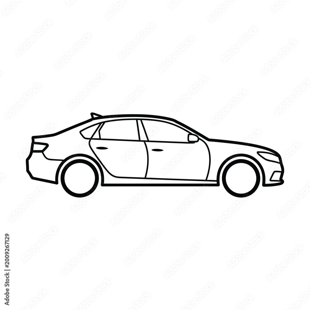 Fototapeta premium Minimalist black outline vector illustration of a modern sedan car isolated on a white background