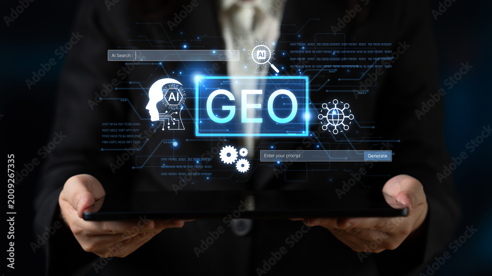 Naklejka premium Digital marketing concept featuring GEO strategy. Generative AI search visual shows GEO interface integrating intelligence, logic, and AI input system for prompt tasks. Corpus