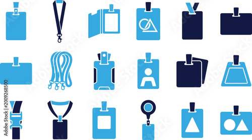 Quadro su tela Variety of blue and dark blue identification badge lanyard and buckle designs for access and security on white