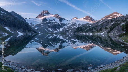 Majestic snow-capped mountains reflected in a tranquil alpine lake during daytime
