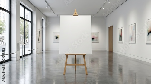 Empty white canvas on wooden easel in modern art gallery interior with abstract paintings on walls and polished concrete floor