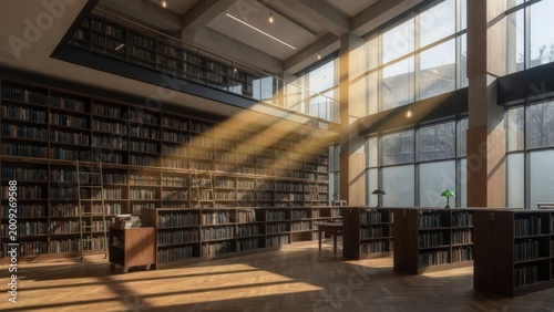 Modern Library Interior with Sunlight Streaming Through Large Windows