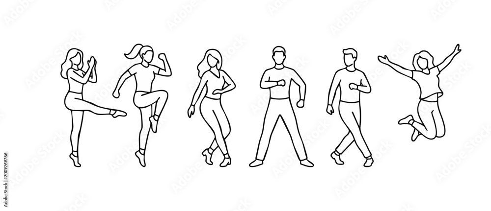 Obraz premium People Dancing Characters Set, Diverse Group Performing Energetic Moves, Minimalist Line Art Style for Fitness, Party, Health, Joyful Social Activity, Happy Lifestyle Concept, Vector Illustration Coll