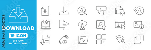 Photography Download Line Icons Set Upload Transfer File Data Cloud Outline Icons Collection