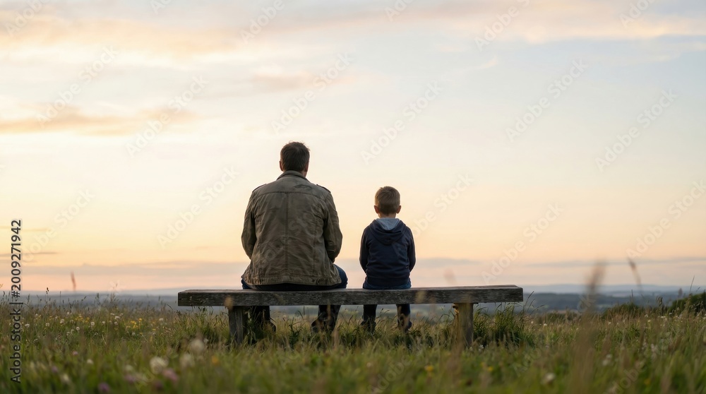 Obraz premium back view of caucasian father and son sitting on wooden bench in grassy field looking at sunset. family outdoor leisure, bonding in nature. copyspace, banner, website header.