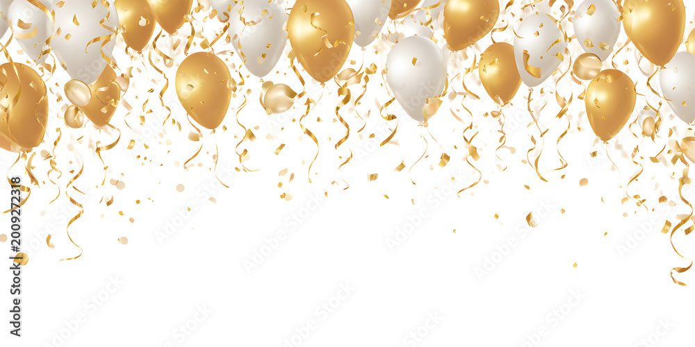 Naklejka premium Gold and white balloons falling with confetti