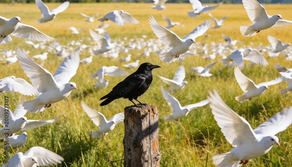 Fototapeta premium Black raven sitting on a wooden post in the middle of a flock of flying white doves. Concept of individuality, being different and standing out from the crowd. Uniqueness challenge.