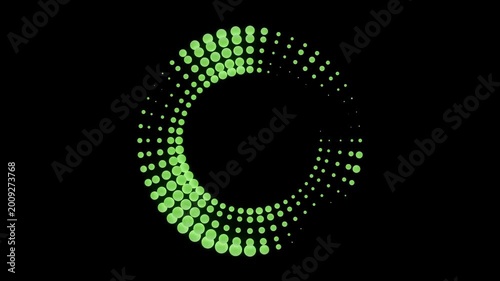 Circles form and shift with green dots on a dark background