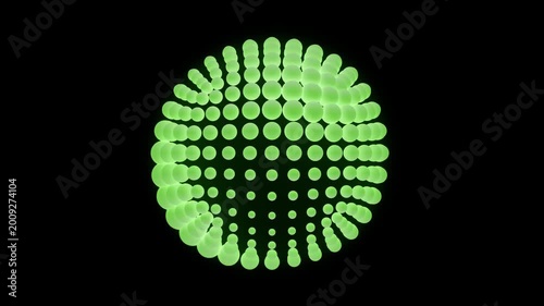 3D rendering of sphere made of green dots forming shapes in motion