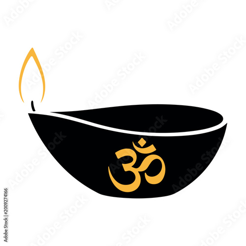 Minimalist Diwali Diya Lamp with Om Symbol, Black and Gold High Contrast Vector Silhouette for Holiday Branding