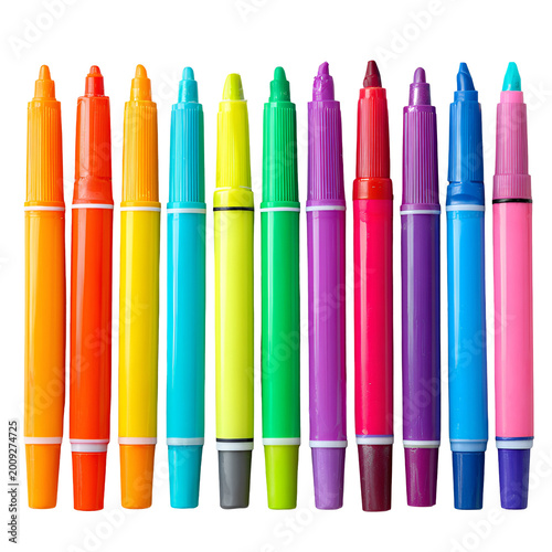 vibrant rainbow colored markers set arranged in row on white background
