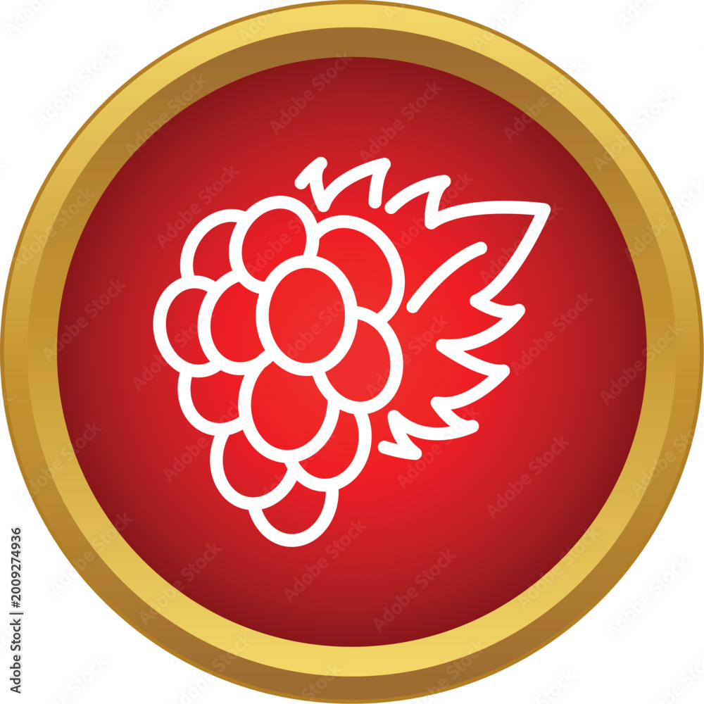 Obraz premium Grape bunch with a single leaf presented as an outline icon on a red circle with a golden frame