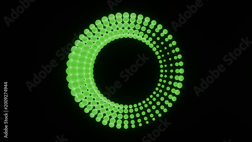 Green circular pattern made of spheres shown on dark backdrop