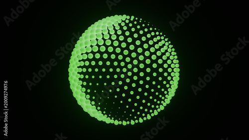 3D rendering of a green sphere made of dots on a black background
