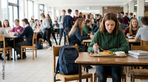 Sad teenage girl sitting alone at table in crowded school cafeteria. Lonely student eating lunch while classmates socialize. Social isolation and bullying concept