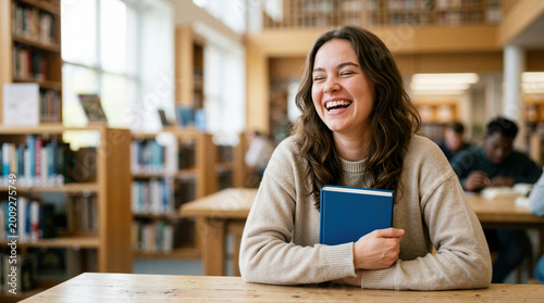 Joyful young female student laughing while holding blue book in library. Happy woman enjoying university life. Positive higher education concept