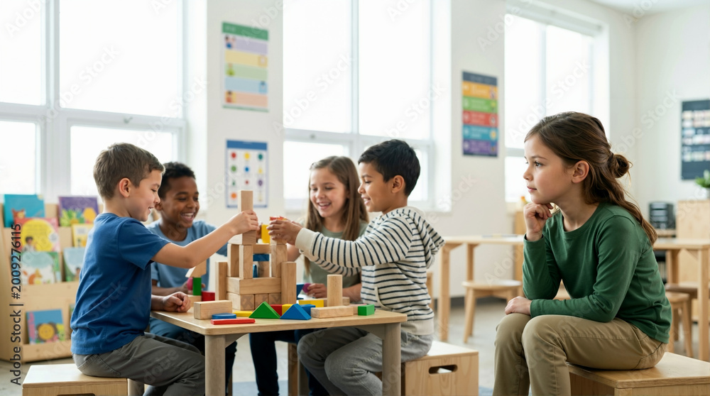Fototapeta premium Young girl watching diverse children play with wooden blocks. Thoughtful student observing classmates building in a classroom