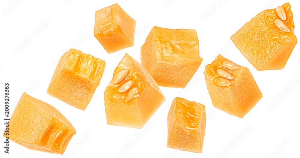 Obraz premium Sweet melon pulp cubes isolated on white background with clipping path